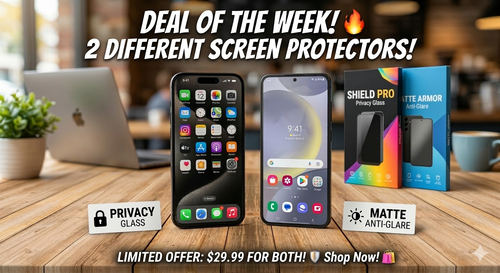 Two screen protectors on a wooden table with promotional text about a deal.