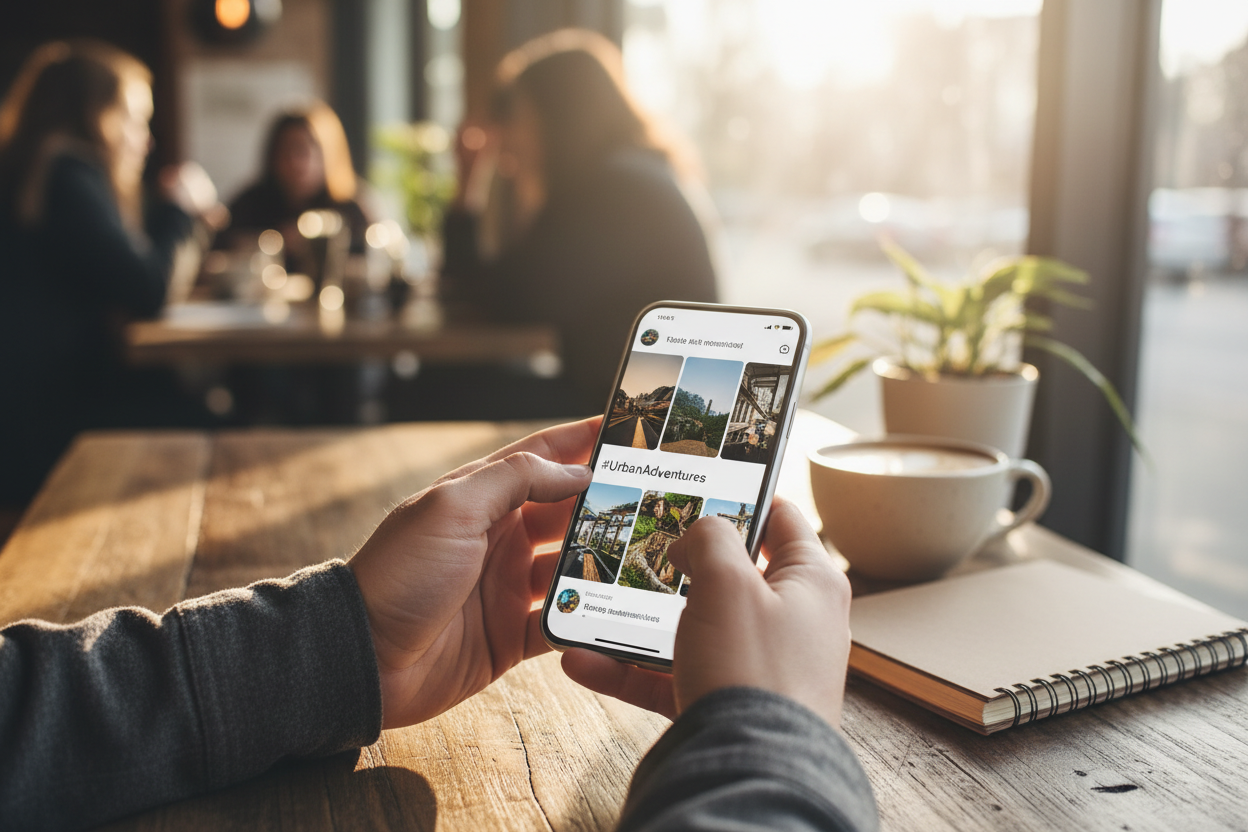 Person holding a smartphone with a social media app open, sitting at a table in a cafe.